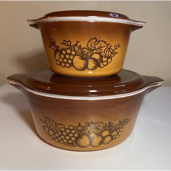 Pyrex Old Orchard Lot of 2 Casseroles w Brown Lids 1 Qt & 2.5 Qt Vintage - Picture 4 of 4